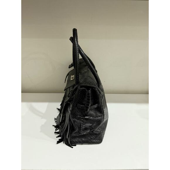 Studio LX Fringe Birkin Snake Black Leather Textured Satchel Handbag - Picture 4 of 11
